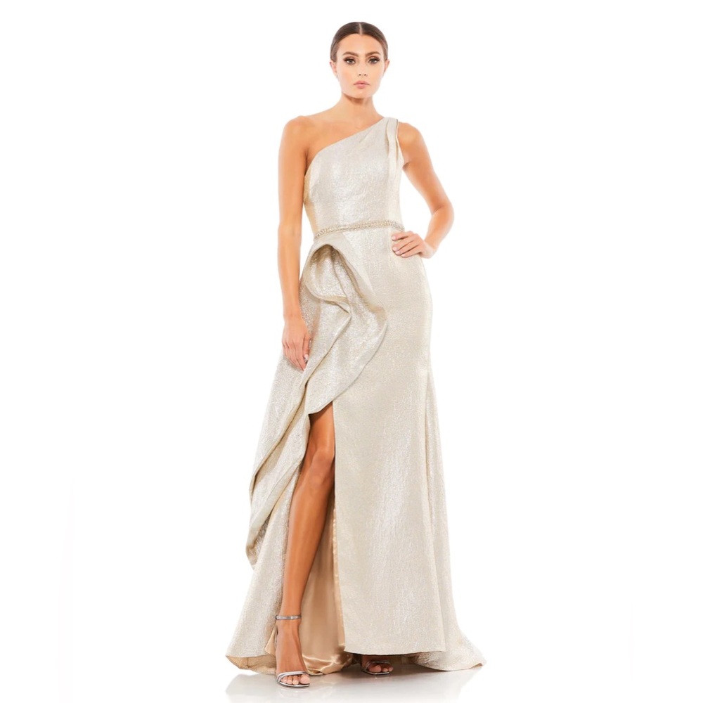Mac Duggal 66975 ONE SHOULDER METALLIC RUFFLED EVENING GOWN